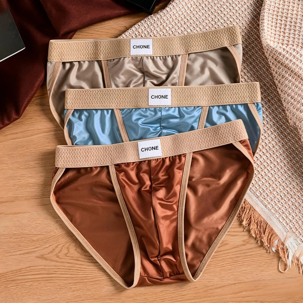 3pcs Luxury Silky Men's Satin Ice Silk Triangular Bikini Briefs Breathable Ultra Soft Comfort Sexy Underwear male